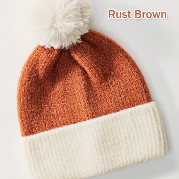 NEW Super Soft Cozy Faux Fur Pom Pom Color Block Rib Knit Beanie Hats Taupe Rust - Picture 5 of 8